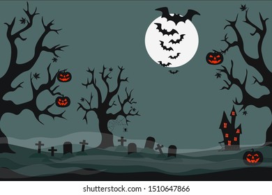 Happy Halloween. On a dark green background - a gloomy house, a cemetery, trees, pumpkins, bats. Light misty haze. Background. Invitation. Postcard.