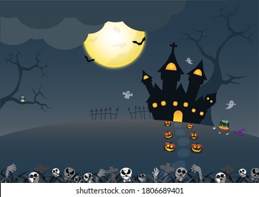 happy halloween on dark night with ghost background concept and empty space for display logo and content, creative design vector illustration