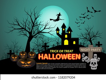 Happy halloween on green moon light night party holiday celebration festival vector illustration.