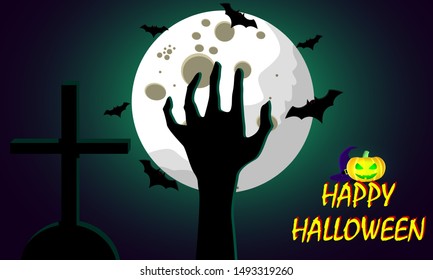 Happy Halloween on moon background with hand coming out of the grave, modern Halloween poster, vector illustration