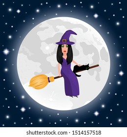 Happy Halloween on a moonlight background witch with a cat in a dark twilight night