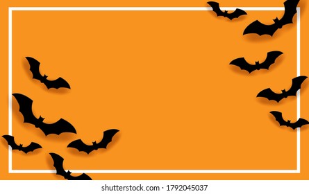 Happy Halloween on orange background with flying bats. White border on the orange frame. The horizontal Halloween blank background with the orange border. Vector