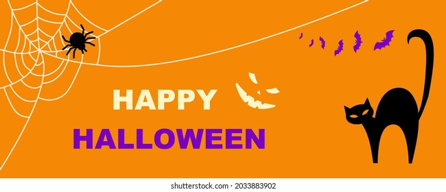 Happy Halloween on orange background. Includes an inscription, a black cat, bats, a spider with a spider web and the emotion of Jack the Lantern. Flat style, vector. Suitable for banner, poster, flyer