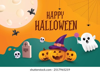 Happy Halloween On Orange Background With Pumpkin, Ghost, Skull, Bat etc. 3D Halloween Sale Theme Concept Vector Illustration