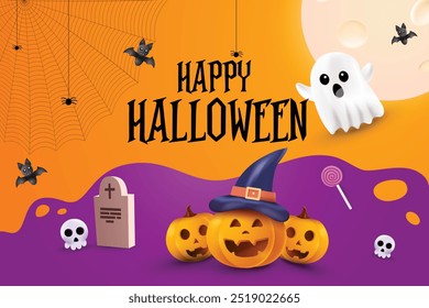 Happy Halloween On Orange Background With Pumpkin, Ghost, Skull, Bat etc. 3D Halloween Sale Theme Concept Vector Illustration