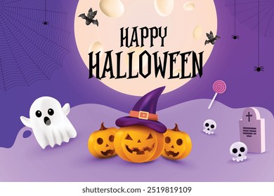 Happy Halloween On Purple Background With Pumpkin, Ghost, Skull, Bat etc. 3D Halloween Sale Theme Concept Vector Illustration