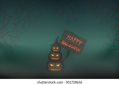 Happy Halloween on wooden signboard with three Halloween pumpkin ware a witch hat in graveyard at mystic night. Concept for Halloween poster, card and banner design in vector illustration format EPS10