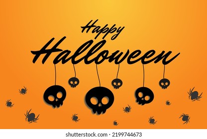 Happy Halloween orange background with black skulls and spiders.