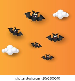 Happy Halloween orange background with clouds and bats flying.