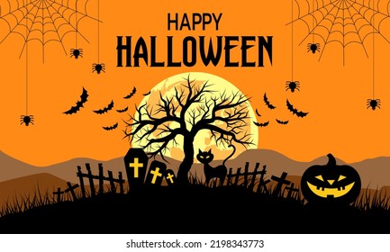 Happy halloween orange background full moon with spiders, cat, pumpkin, cemetery and bats.vector illustration.