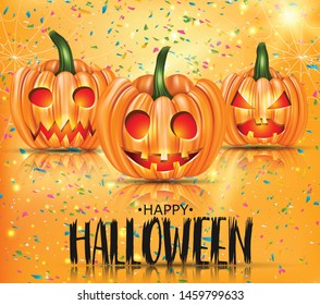 Happy halloween orange background with pumpkins with cut out faces and glowing eyes. Falling celebration confetti and spider web. Realistic vector illustration.