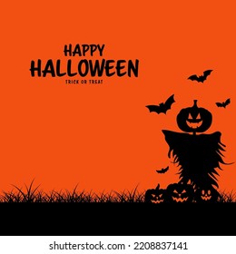 Happy halloween orange background with scarecrow and pumpkin.