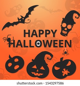 Happy halloween, orange background with vector skulls, spiders, web, pumpkins in witches hats, elements for holiday banner for halloween