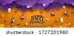 Happy Halloween orange banner trick or treat with purple clouds, witch, vampire, ghost, bats, pumpkin in paper cut style. Party invitation background with text. Vector illustration