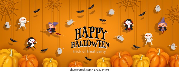 Happy Halloween orange banner trick or treat with witch, vampire, ghost, bats, pumpkin in paper cut style. Party invitation background with place for text. Vector illustration