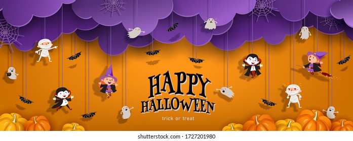 Happy Halloween orange banner trick or treat with purple clouds, witch, vampire, ghost, bats, pumpkin in paper cut style. Party invitation background with text. Vector illustration