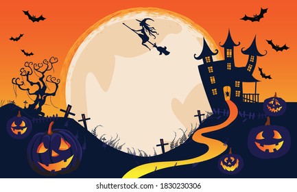 Happy Halloween orange banner trick or treat with full moon, witch, vampire, ghost, bats, pumpkin, Party invitation background with text. Vector illustration Flat design