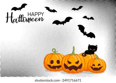 Happy Halloween. Orange big pumpkins with black cat. Scary pumpkin with smile. Vector illustration isolated on dotted grunge background. Halloween and autumn concept.