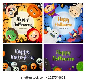 Happy Halloween orange, black banner set with monsters, balloons. Halloween, October, trick or treat. Lettering can be used for greeting cards, invitations, announcements
