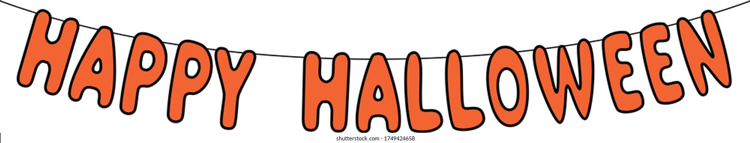 happy halloween, orange and black letters hanging on rope garland, perfect for decorating posters and invitations, banner, vector isolated on white background