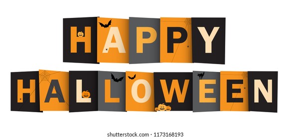 HAPPY HALLOWEEN orange and black vector banner with bats, pumpkins, spider's web and a black cat