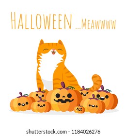 Happy Halloween. Orange cat sitting on pile of halloween pumpkins. Cute cartoon character. Vector illustration.