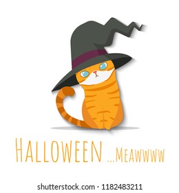 Happy Halloween. Orange cat wearing halloween witch hat costumed. Cute cartoon character. Vector illustration.