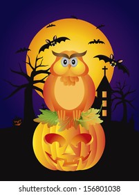 Happy Halloween Orange Fall Color Cartoon Owl Sitting on Jack O Lantern Pumpkin with Bats Moon Cemetery Background Vector Illustration