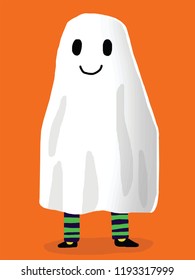 happy Halloween orange greeting card . Scary white ghost. Cute little flying Ghost . Smiling face, hands. Vector illustration
