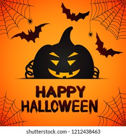 Happy Halloween orange greeting card with pumpkin, web, spiders and bats, stock vector illustration
