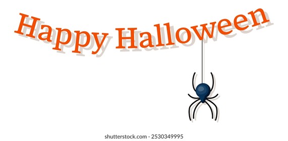 Happy Halloween. Orange lettering and spider. Template, vector illustration. Holiday design with shadow.