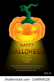 Happy halloween with orange pumpkin on black background. Invitation card for celebration, festival, or holidays.