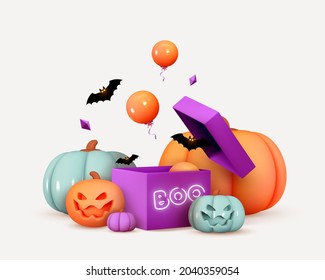 Feliz Halloween. Calabazas anaranjadas con emoción en su cara sonrisa aterradora, cajas de regalos con sorpresa moradas. Diseño 3d realista. Decoración creativa para afiches, banner web, volante, folleto. Ilustración del vector