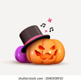 Feliz Halloween. Calabazas anaranjadas en el sombrero, emoción en su cara sonrisa atemorizante. Diseño 3d realista al estilo de las caricaturas. Fiesta musical. Decoración creativa para afiches, banner web, volante, folleto. Ilustración del vector