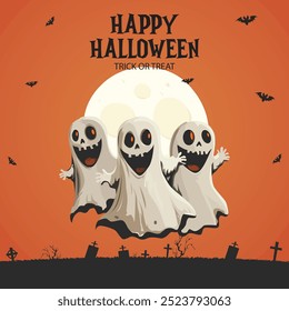 Happy Halloween orange spooky background with scary ghosts. October 31st Halloween holiday evening artwork background. Halloween vector art.