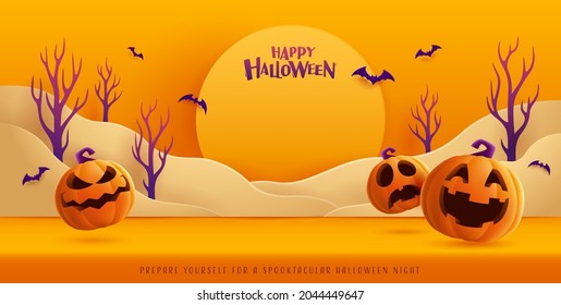 Happy Halloween  Halloween orange theme paper graphic cloud scene and group 3D illustration pumpkin studio table 