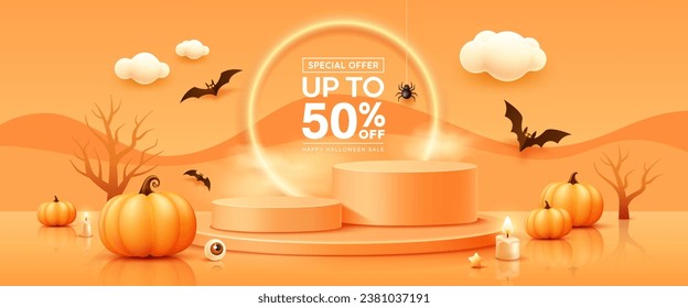 Happy Halloween, orange three overlapping podiums, candle and bat flying, trees, spider web and cloud banner design on orange background, Eps 10 vector illustration
