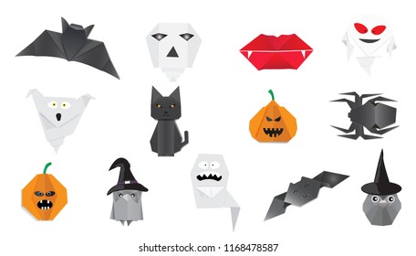 Happy halloween origami vector set.
