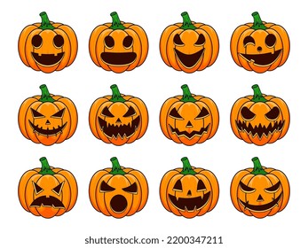 Happy Halloween outline drawing collection cartoon pumpkins. Pumpkins isolated. Main symbol Happy Halloween holiday. Collection orange pumpkins with scary spooky smile Halloween. Vector illustration.