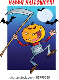 Happy Halloween Over A Grinning Scarecrow Reaper With Scythe