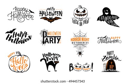 Happy Halloween overlays, lettering labels design set. Retro holiday badges. Hand drawn isolated emblem with quote. Halloween party sign or logo. Halloween photo overlays design for web, print