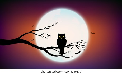 Happy Halloween with Owl holding on tree branch and Dark Purple Violet and Orange color Background with full moon, Vector illustration