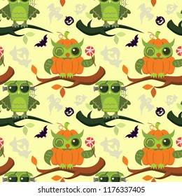 Happy Halloween owls flat seamless pattern