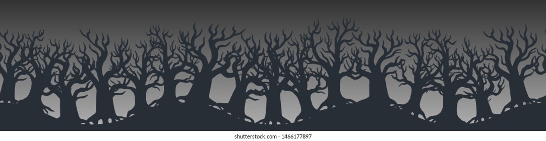 Happy Halloween page footer or banner design decorated with spooky trees on gray background. Monochrome horizontal pattern background