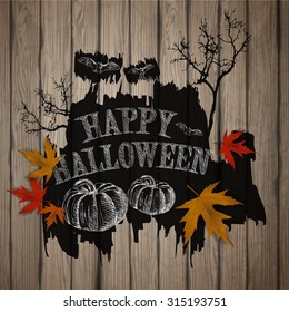 Happy Halloween painted on wooden board, realistic vector illustration.