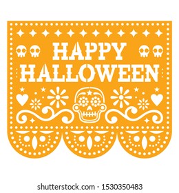 Happy Halloween  Papel Picado design with sugar skulls, Mexican paper cut out garland background with flowers and skulls. Papel Picado orange geometric decoration, traditional Halloween party ornament