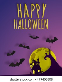 Happy Halloween paper art 3d with bat and moon vector illustration