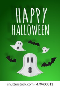 Happy Halloween paper art background with ghost vector illustration