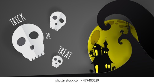 Happy Halloween paper art background with skull vector illustration