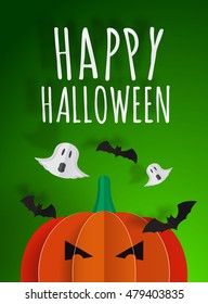 Happy Halloween paper art background with ghost vector illustration